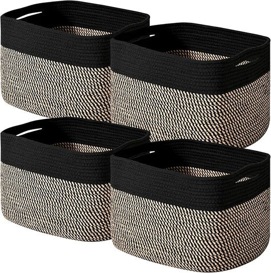 Storage Baskets for Shelves Organizing, Woven Cotton Rope Baskets for Storage, Book Basket, Decorative Shelf Basket, 12.5"Lx9.1''Wx7.9''H (4 Packs) Black &amp; Jute