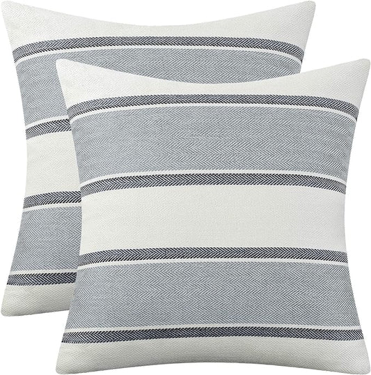 AmHoo Pack of 2 Farmhouse Linen Throw Pillow Cover Cushion Stripe Decoration Buffalo Retro Pillowcase with Hidden Zipper for Sofa Bedroom Car 20 x 20 Inch Light Grey Gray