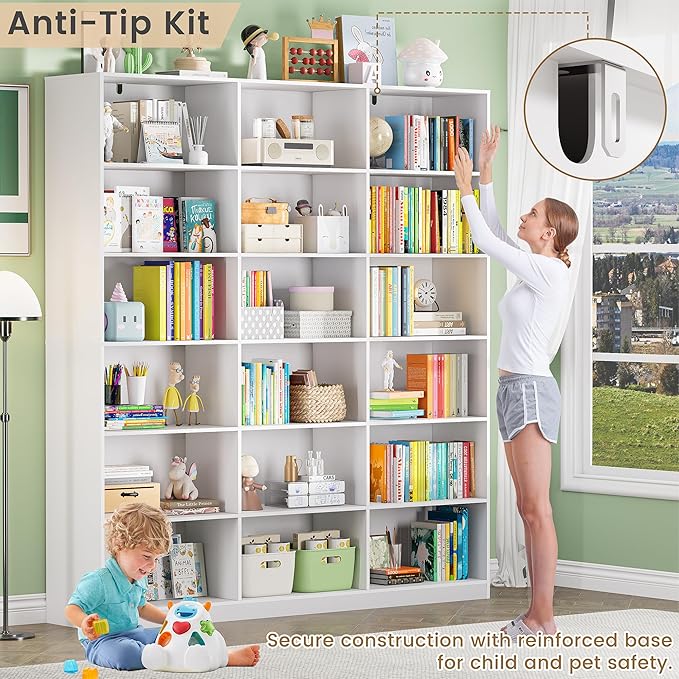 White Bookcase with 18 Display Shelves, Triple Column Book Case, 1PC 6 Tier Large Bookshelf, Freestanding Storage Shelf for Bedroom Living Room Home Office