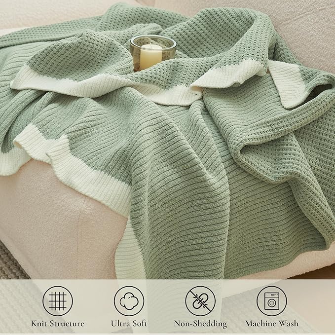 Amélie Home Waffle Throw Blanket for Couch Twin, Soft Cozy Chenille Knit Blanket Warm Decorative Throw for Sofa, Bed, Living Room, 60"x80", Sage Green