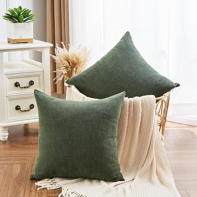 GAWAMAY Decorative Chenille Throw Pillow Covers 24"x24" Inch Pack of 2, Soft Square Couch Pillow Cover for Sofa Cushion Living Room Bedroom Solid Oversized Pillowcases Dark Green 60x60cm (ONLY COVERS)