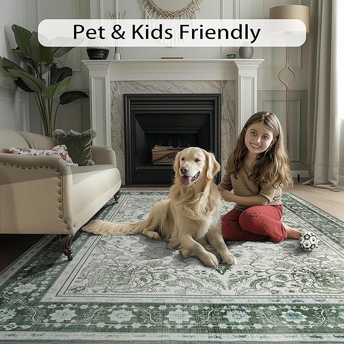 8x10 Boho Washable Area Rugs for Large Living Room Machine Washable Rug Stain Resistant Non-Slip Backing for Bedroom, Soft Vintage Area Rug (Green,8x10ft)