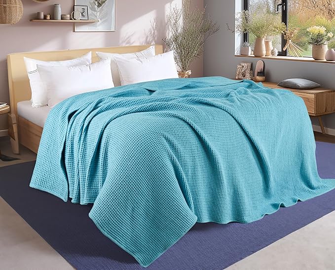 Tex Trend Waffle Blankets – 100% Cotton Blankets Queen Size – Breathable and Soft for Summer Spring – Suitable for Bed Layering, Sofa and Couch – Blue (90”x90”)