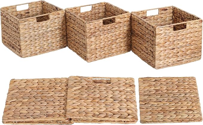 12x12x10 Water Hyacinth Storage Basket Large, Folding Cube Woven Wicker Storage Basket for Shelves, Pantry Baskets Organization and Storage, Kitchen Storage Baskets, Large Rattan Basket Set of 3