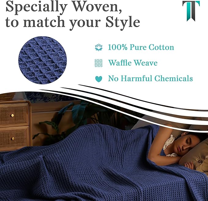 Tex Trend 100% Cotton Blankets King Size – Durable and Versatile Waffle Weave Blankets for Year Round Coziness – Breathable &amp; Lightweight - Navy Blue (90”x108”)