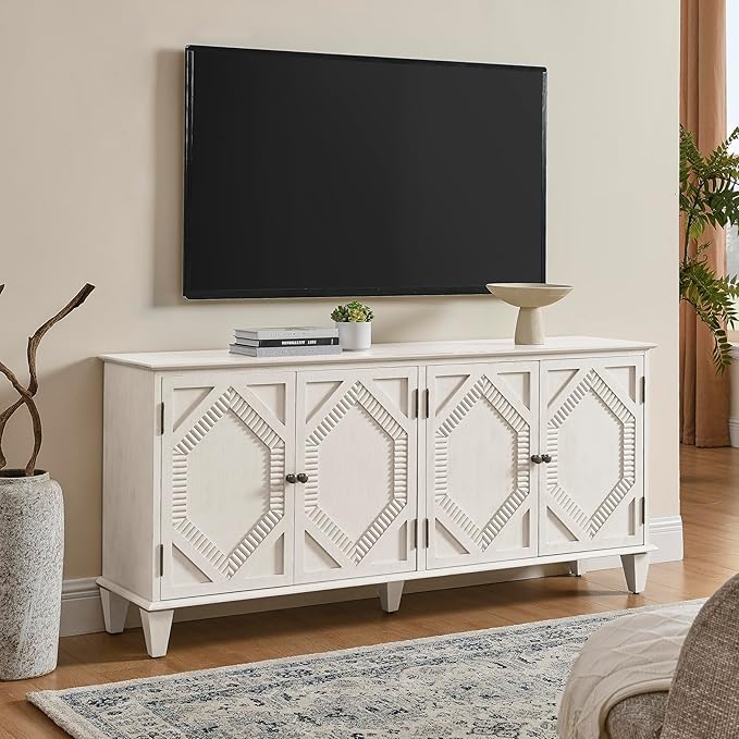 healthomse 65.2" Large Sideboard Buffet Cabinet with Storage, Symmetrical Geometric Accent Coffee Bar Wine Bar White Storage Cabinet, Console Table for Living Room/Entryway/Kitchen