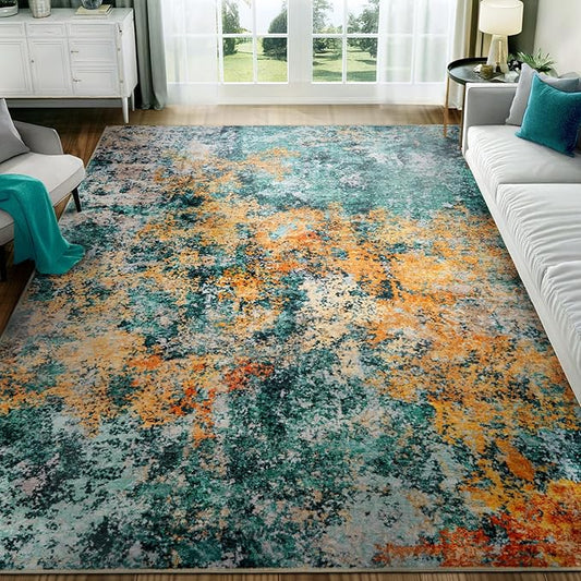 Washable Area Rug for Living Room: 5x7 Modern Abstract Neutral Soft Rug for Bedroom Dining Room No Slip Low Pile Carpet for Nursery Home Office - Teal/Orange