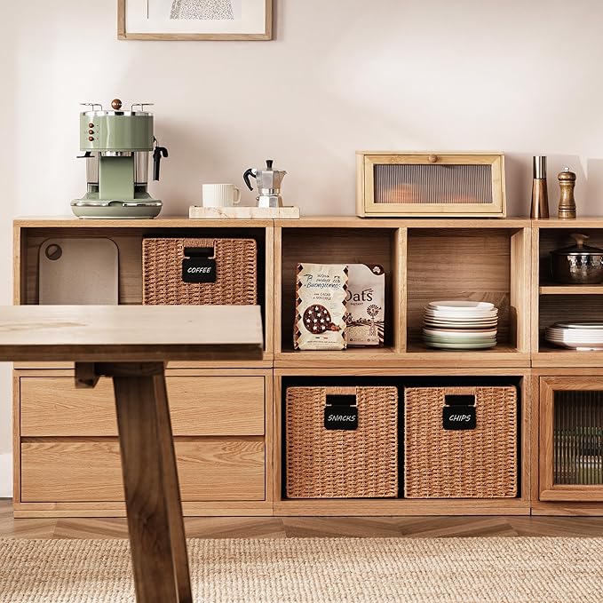 UBBCARE 2 Pack Wicker Basket, 12×12 Storage Cubes with Label, Foldable Cube Storage Bin with Handle, Square Storage Basket for Shelves, Woven Paper Rope Basket for Organizing, Caramel