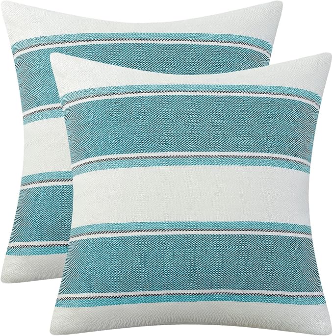 AmHoo Pack of 2 Farmhouse Linen Throw Pillow Cover Cushion Stripe Decoration Buffalo Retro Pillowcase with Hidden Zipper for Sofa Bedroom Car 22 x 22 Inch Teal