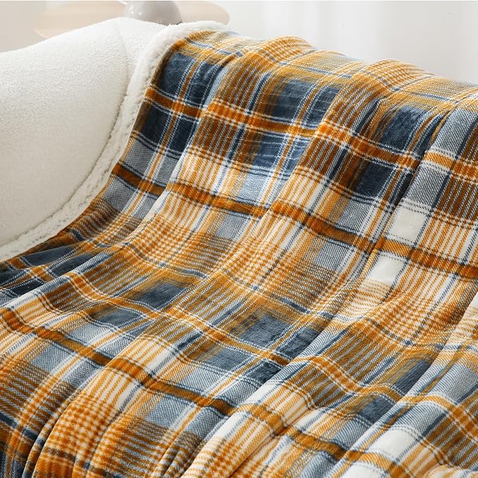 PU MEI Sherpa Blanket Twin Plaid Thick Bed Blanket, 60”*80” Super Soft Flannel Fuzzy Fleece Reversible Velvet Plush Warm Blanket for Couch (Blue Yellow Check)