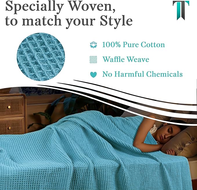 Tex Trend Waffle Blankets – 100% Cotton Blankets Queen Size – Breathable and Soft for Summer Spring – Suitable for Bed Layering, Sofa and Couch – Blue (90”x90”)