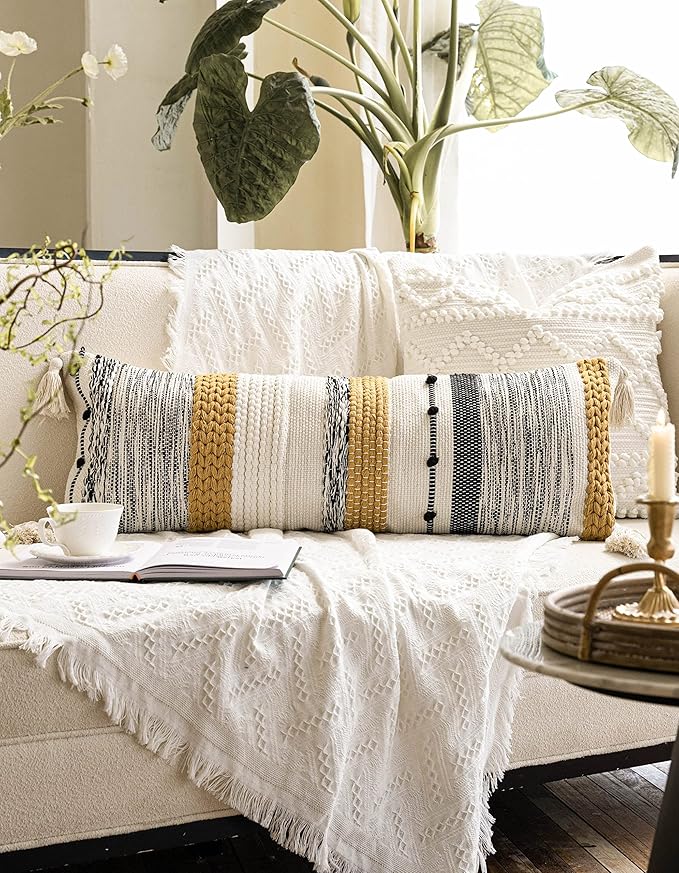 Fall Decorative Lumbar Throw Pillow Cover 14x36 Boho Long Cushion for Bed Yellow Mustard Accent Farmhouse Pillowcase for Bedroom Living Room Couch Sofa Home Décor Cover ONLY