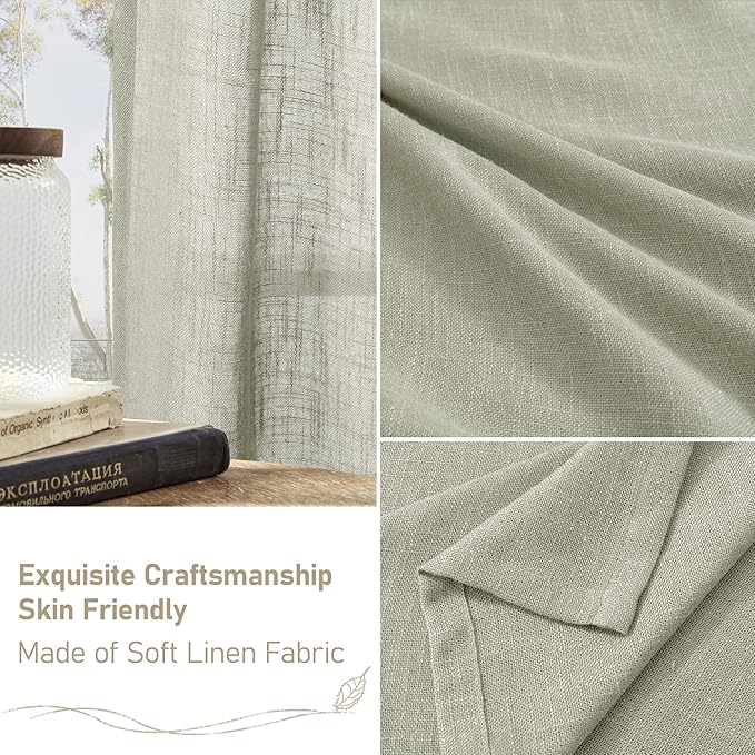 LAMIT 95 Inches Long Sheer Linen Curtains for Living Room 2 Panels, Light Filtering Country Rustic Drapes Farmhouse Window Treatment with Bronze Grommet for Bedroom, Sage Grey, 52 x 95 Inch