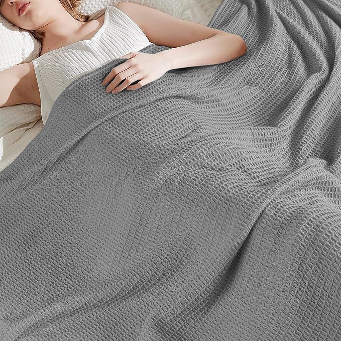 Tex Trend 100% Cotton Blanket – Soft and Breathable Twin XL Waffle Blanket – All Season Comfort – Suitable for Bed Layering, Sofa, Couch - Light Grey (60”x90”)