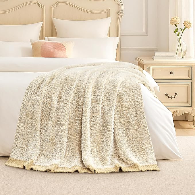 Amélie Home Knit Throw Blanket for Couch, Super Soft Cozy Fuzzy Plush Throws for Sofa Bed Living Room, 60" x 80", Heather Beige