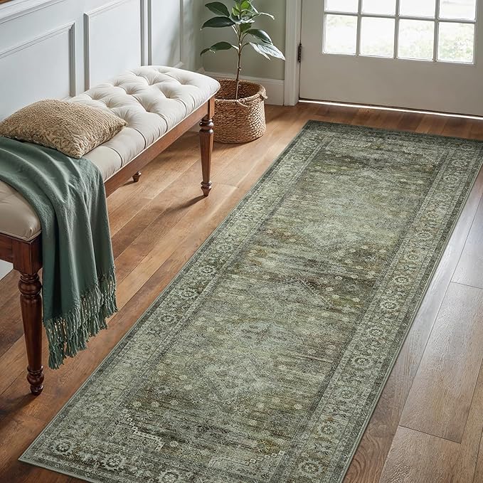 Runner Rug for Hallway Kitchen, 2x8 Machine Washable Runners Rug for Entryway, Soft Modern Boho Throw Rugs, Low Pile Floor Cover with Non Slip Backing, Distressed Light Grayish Sage Green