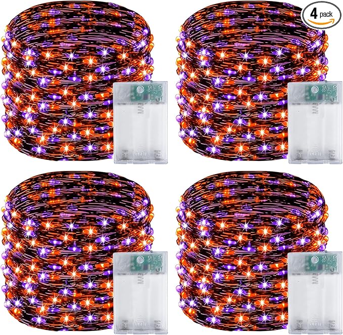 4 Pack 60LED Orange & Purple Fairy Lights Battery Operated with Timer, 20FT Waterproof Halloween Lights Outdoor Indoor, Black Wire String Lights for Bedroom, Party, Centerpiece, Halloween Decorations