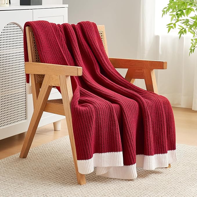 Amélie Home Chenille Waffle Throw Blanket for Couch, Soft Cozy Knit Blanket Warm Decorative Throw for Sofa, 50"x60", Christmas Red