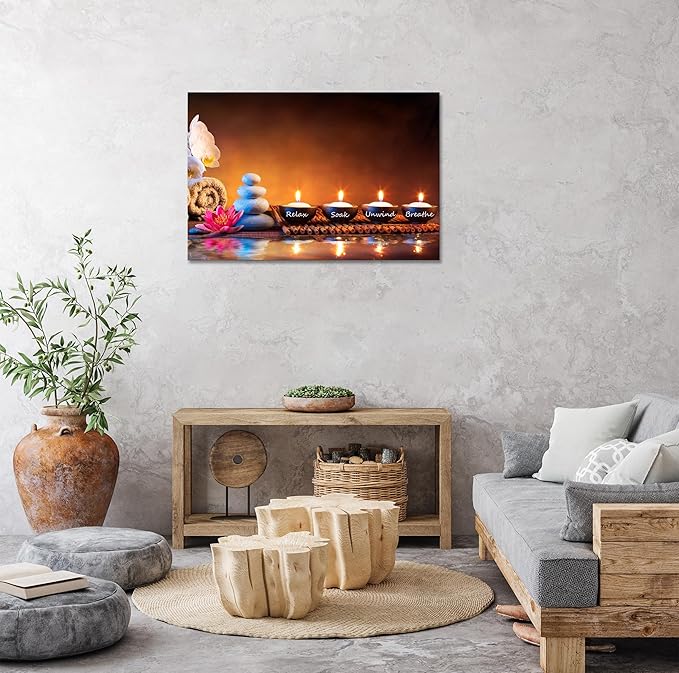 Zen Wall Art Lotus Flower Decor Breathe Canvas Picture Candles Relaxing Peaceful Poster Prints for Zen Spa Room Living Room Bedroom(28.00" x 44.00")