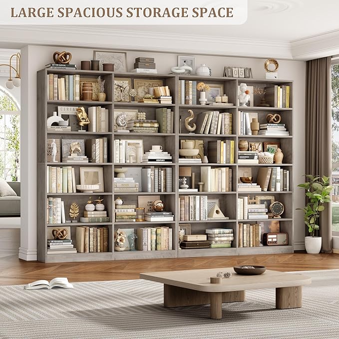 Bookshelf and Bookcase, 6-Tier Double Wide Bookshelfs, Freestanding Display Storage Shelves, Tall Bookcases for Home Decor Bedroom, Living Room, Home Office, Wash Gray
