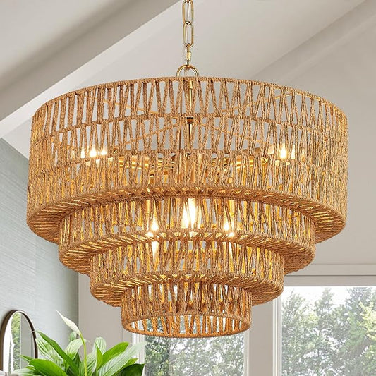 19.7" Boho Rattan Chandelier Vintage 6-Light Farmhouse Hand-Woven Bamboo Chandelier Light Fixture Rustic Drum Wicker Golden Chandeliers for Dining Room, Kitchen Island, Bedroom, E12