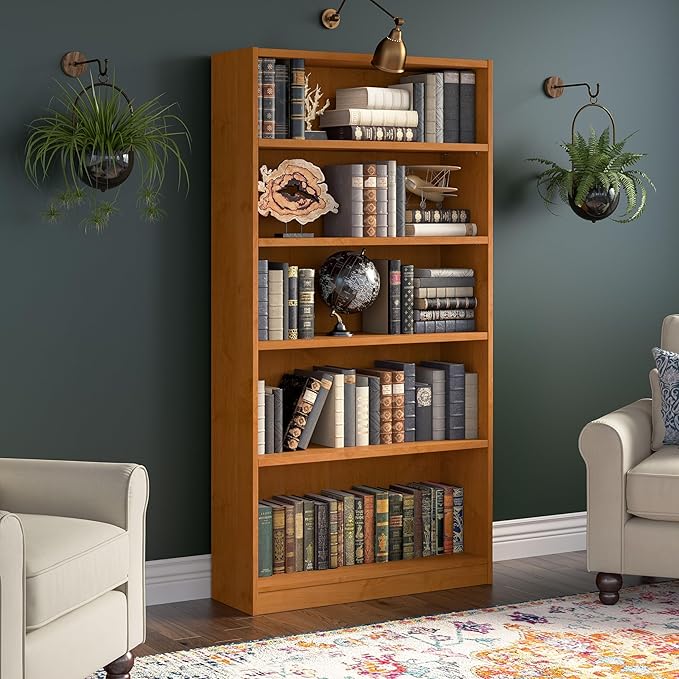 Bush Furniture Universal Tall 5 Shelf Bookcase in Natural Cherry