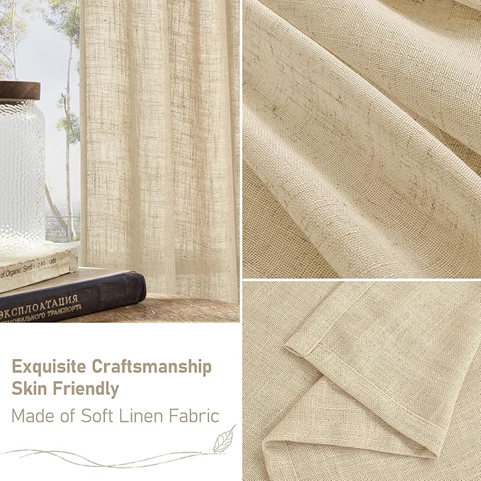 LAMIT Natural Linen Blended Curtains for Living Room, Back Tab and Rod Pocket Semi Sheer Curtains Light Filtering Country Rustic Drapes for Bedroom/Farmhouse, 2 Panels,52 x 120 Inch, Linen