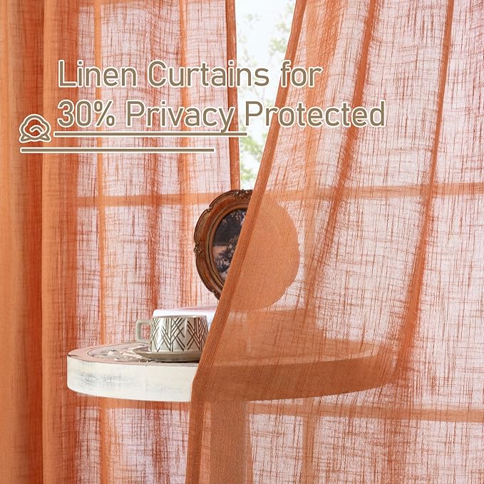 LAMIT Sheer Linen Curtains 63 Inch for Bedroom, Light Filtering Country Decor Semi Sheer Farmhouse Boho Curtains Bronze Grommet Living Room Panels, Burnt Orange, 2 Panels, 52 x 63 Inch