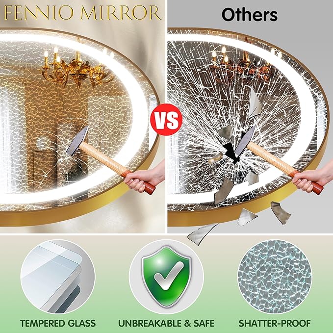 FENNIO 70" x 32" Large Luxury Wall Mounted Mirror with LED Lights - Oval Full Length LED Lighted Full Body Dressing Mirror for Bedroom, Salon, Brushed Aluminum Frame, Tempered Glass