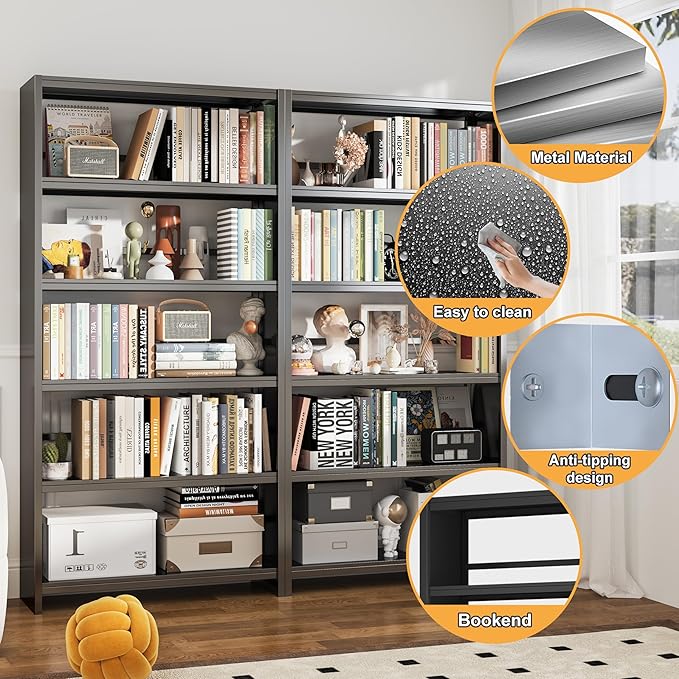 5 Tier Bookshelf, 69" Tall Bookcase, Metal Black Bookshelfs, Open Display Bookshelf for Bedroom, Living Room, Home Office, Easy Installation