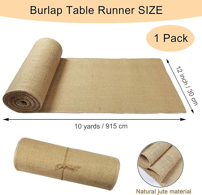1 Pack 12 inch x 10 Yards Burlap Table Runner, Natural Rustic Jute Table Runners,Burlap Roll for Western Wedding Table Decorations,Farmhouse Style Party,Holiday,Kitchen Coffee Table Decor Cover