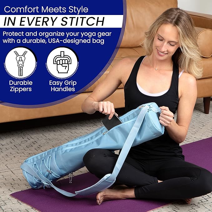 Large Yoga Mat Bag for Men & Women | Premium, Waterproof, Bottle Pocket, Ventilation & Padded Adjustable Strap | Stylish and Sky Blue Yoga Mat Carrying Bag | Great for Gym & Travel Use