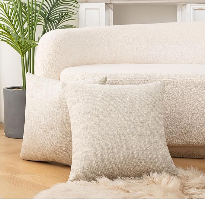 Throw Couch Pillow with Insert 18x18 Inches Set of 2 Square, Cute Modern Home Fall Decor for Living Room Sofa Bed Cushion Accent Case, Anthropologie Style Home Decor (Light Linen #P2-13)