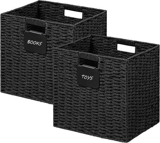 UBBCARE 2 Pack Wicker Basket, 10.5×10.5 Storage Cubes with Label, Foldable Cube Storage Bin with Handle, Square Storage Basket for Shelves, Woven Paper Rope Basket for Organizing, Black