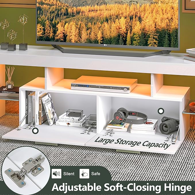 63 inch Modern High Gloss LED TV Stand with Storage for 40 50 55 60 65 70 inch TV, Gaming Entertainment Center, TV Cabinet with Glass Shelves for Living Room, Bedroom, White