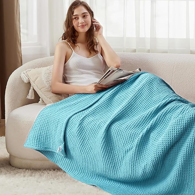 Tex Trend 100% Cotton Blankets – Soft and Breathable Twin XL Waffle Blanket – All Season Comfort – Suitable for Bed Layering, Sofa, Couch and Chair – Blue (60”x90”)