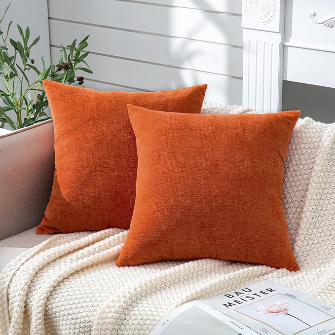 GAWAMAY Decorative Square 16x16 Inch Throw Pillow Covers Set of 2, Super Soft Chenille Pillows Farmhouse Fall Pillowcase for Living Room Bedroom Sofa Couch Cushion Cover Burnt Orange 40x40cm