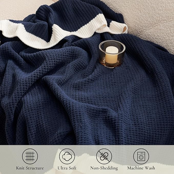 Amélie Home Waffle Throw Blanket for Couch, Soft Cozy Chenille Knit Blanket Warm Decorative Throw for Sofa, 50"x60", Navy Blue