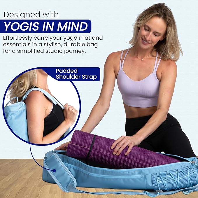 Large Yoga Mat Bag for Men & Women | Premium, Waterproof, Bottle Pocket, Ventilation & Padded Adjustable Strap | Stylish and Sky Blue Yoga Mat Carrying Bag | Great for Gym & Travel Use