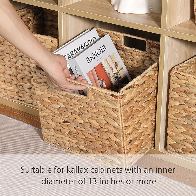 12x12x10 Water Hyacinth Storage Basket Large, Folding Cube Woven Wicker Storage Basket for Shelves, Pantry Baskets Organization and Storage, Kitchen Storage Baskets, Large Rattan Basket Set of 3