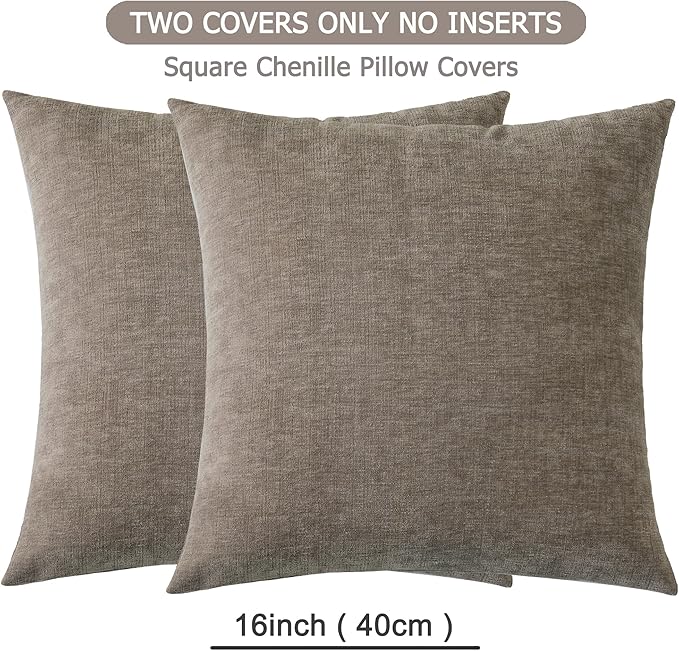 GAWAMAY Decorative Throw Pillow Covers 16x16 Inch Set of 2, Super Soft Chenille Square Pillows Farmhouse Fall Pillowcase for Living Room Bedroom Sofa Couch Cushion Cover Taupe Gray 40x40cm