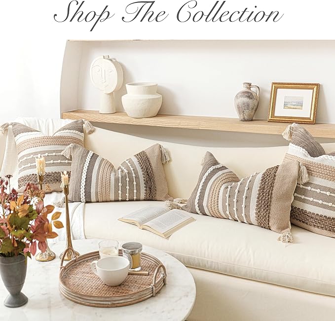 Fall Brown Decorative Throw Pillow Cover 18x18 Square Boho Accent Pillowcase Tassels Farmhouse Cushion for Couch Sofa Bedroom Livingroom Home Décor Cover ONLY (Pack of 1)