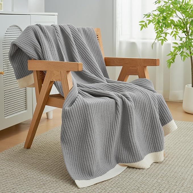 Amélie Home Waffle Throw Blanket for Couch, Soft Cozy Chenille Knit Blanket Warm Decorative Throw for Sofa, 50"x60", Grey