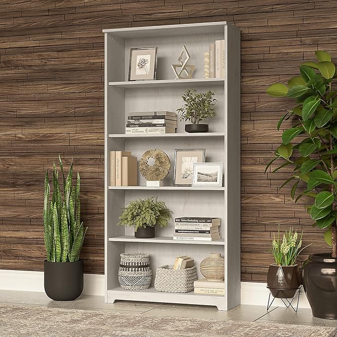 Bush Furniture Cabot Tall 5 Shelf Bookcase | Large Open Bookshelf in Linen White Oak | Sturdy Display Cabinet for Library, Living Room, and Home Office