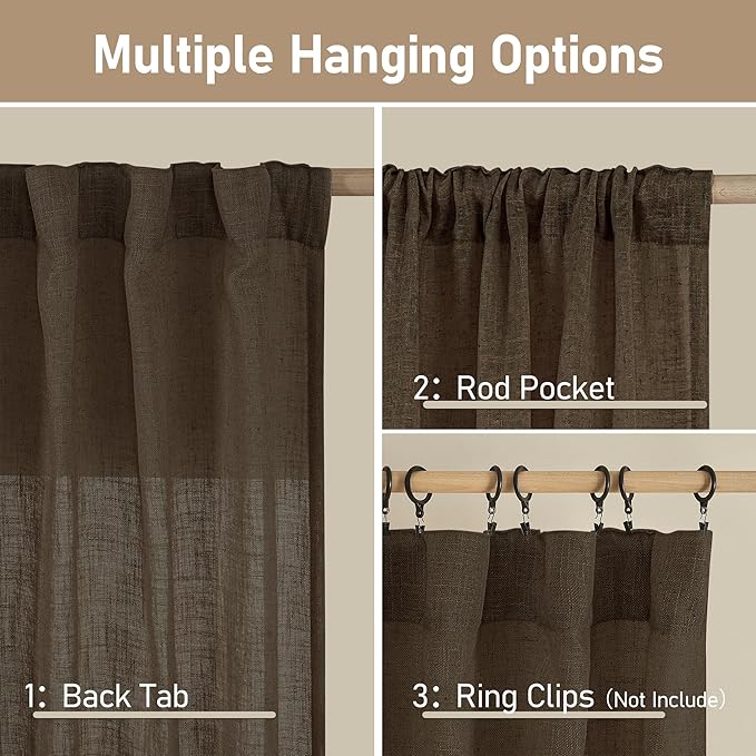 LAMIT Semi Sheer Linen Curtains 45 Inches Long, Light Filtering Panels Back Tab and Rod Pocket Neutral Drapes for Kitchen/Window/Bedroom, Dark Brown, 2 Panels, 52 x 45 Inch