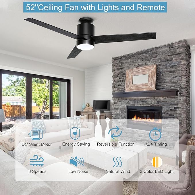 52'' Ceiling Fans with Lights Remote Control: Black Flush Mount Ceiling Fan for Bedroom - Quiet Low Profile Ceiling Fan 6 Speed ​​&amp; LED Light