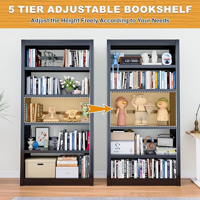 Bookshelf, 5 Tier Metal Bookshelf, 69" H Tall Bookcase with Adjustable Shelves, Large Industrial Bookshelfs for Living Rooms, Home Offices, Library, 10 Minutes Assemble