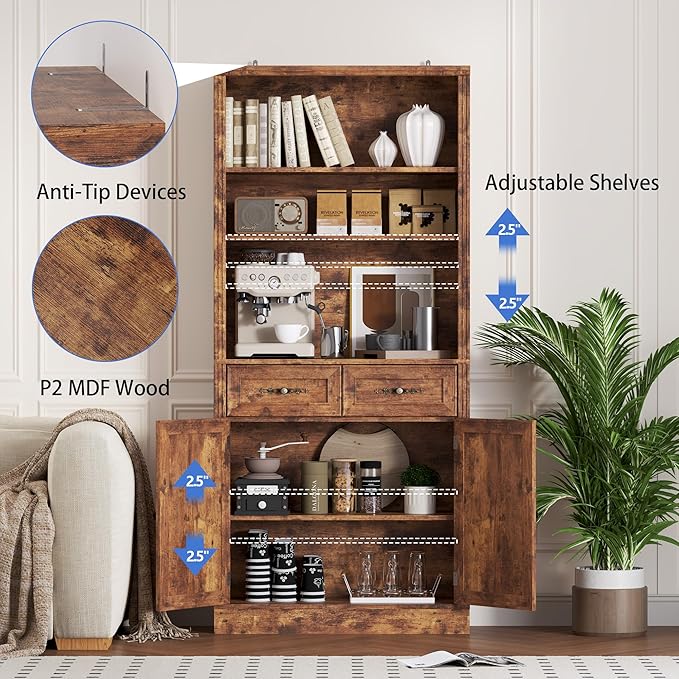 71.4" Tall Bookshelf with Drawers &amp; Cabinet, 5-Tier Floor Standing Bookcase with Storage Doors, Adjustable Shelves &amp; Metal Handles, 31.5" Wide Organizer for Home Office, Living Room