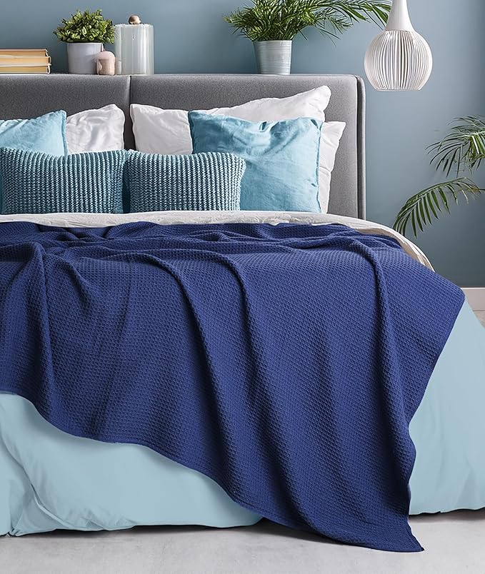 Tex Trend Waffle Blanket – 100% Cotton Blankets Queen Size – Breathable and Soft for Summer Spring – Suitable for Bed Layering, Sofa &amp; Couch – Navy Blue (90”x90”)