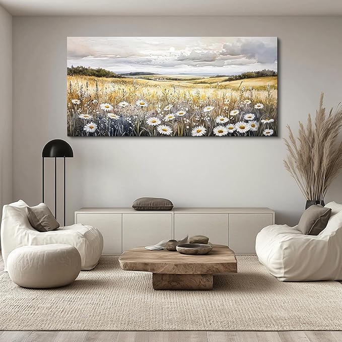 ZUITINGHUA Canvas Wall Art For Living Room Large Wall Decor For Office Bedroom Decoration White Flower Landscape Picture Grassland Painting Artwork Room Wall Mural Aesthetic Home Decor 30x60 In